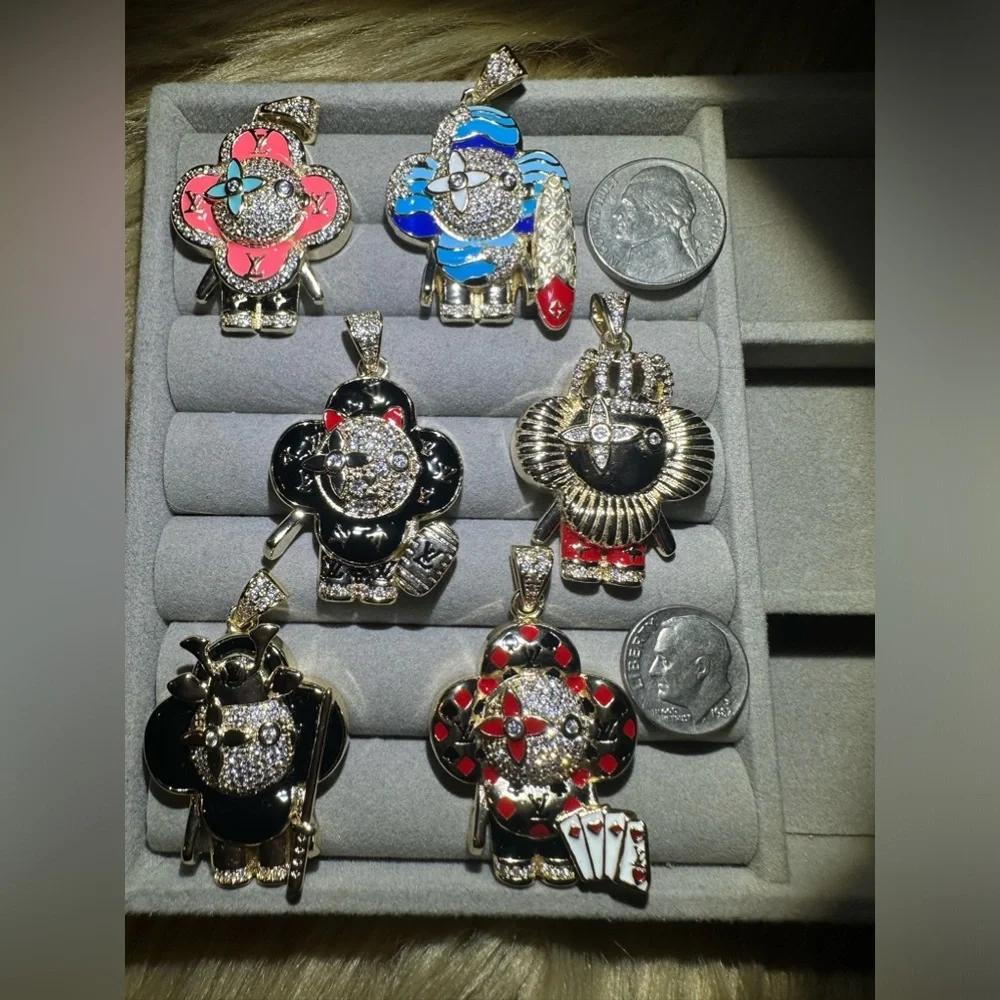 14K Gold Samurai Flower Doll Micro Pavé Iced Out Bling Drip Hip Hop Necklace - Picture 4 of 9